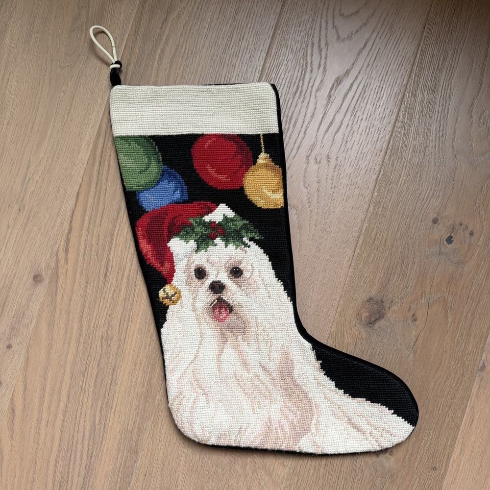 Wool Needlepoint‎ Christmas Stocking White Maltese Dog Black Velvet